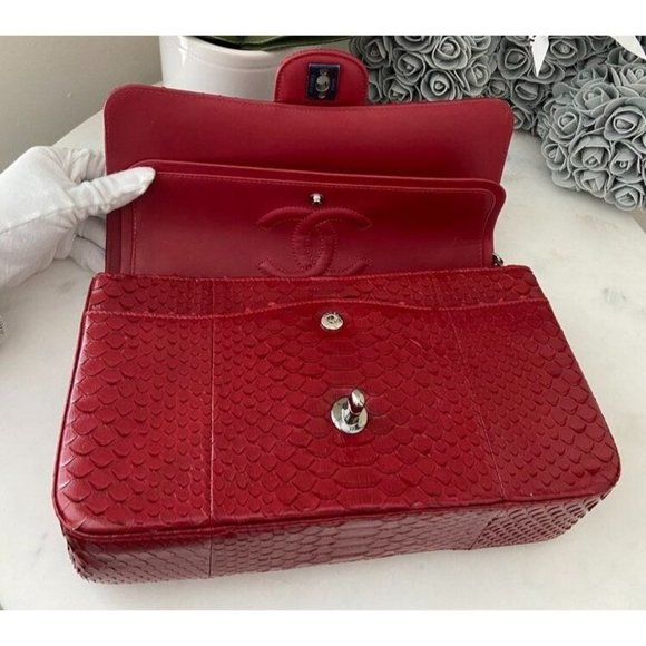 Chanel Womens Red Python Leather Classic Double Flap Jumbo Handbag - Picture 9 of 11